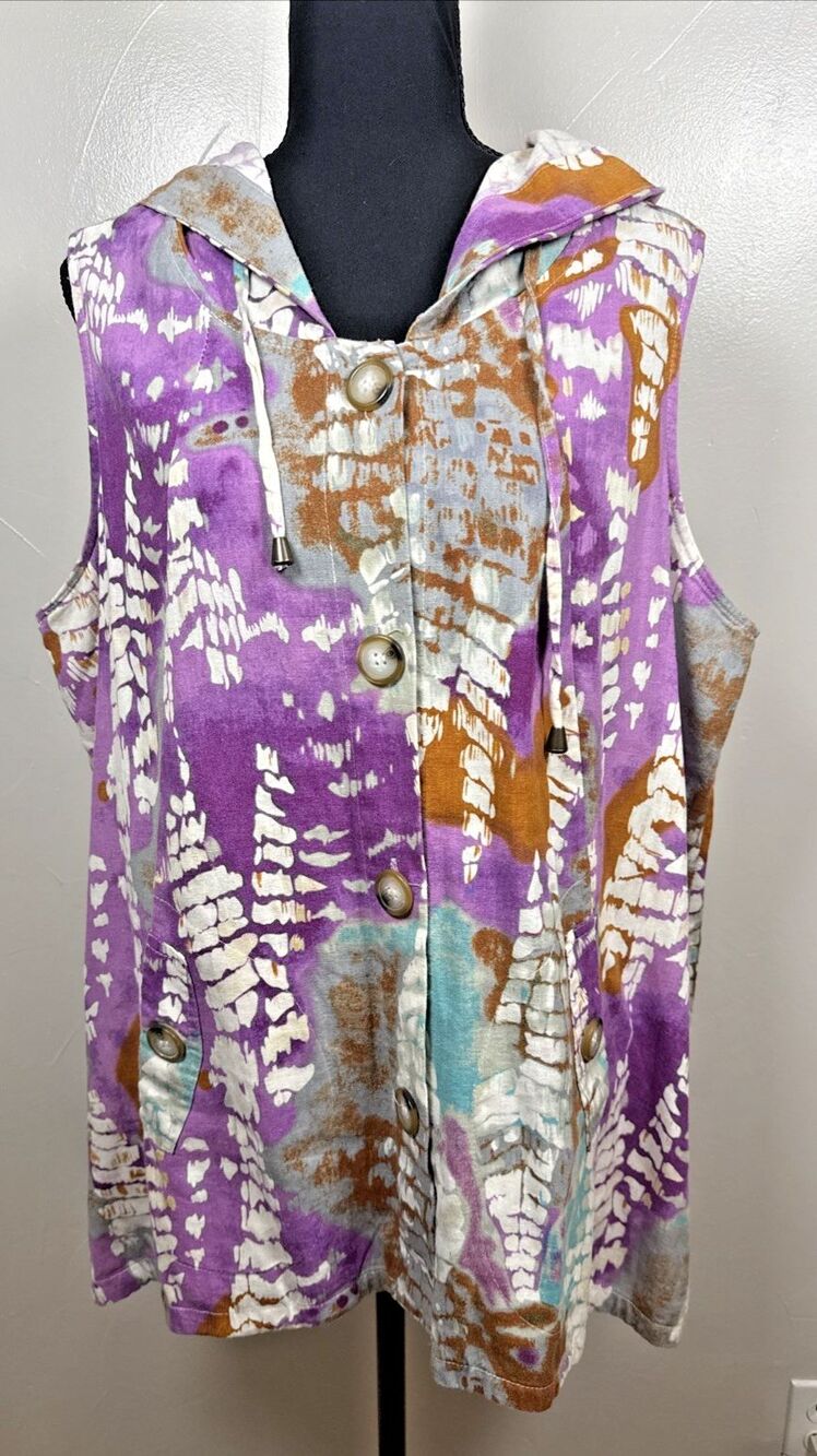 For Cynthia Woman Linen Blend Hooded Shirt Top Size 1X Beachy Boho Colorful